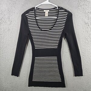 Cache Womens Black White Striped Ribbed Knit Button Shoulder Sweater Top Size M